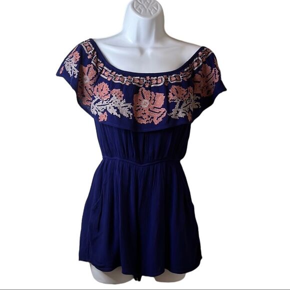 Blue Rain romper navy blue pink embroidery cape like top elastic waist size XS - Picture 1 of 14